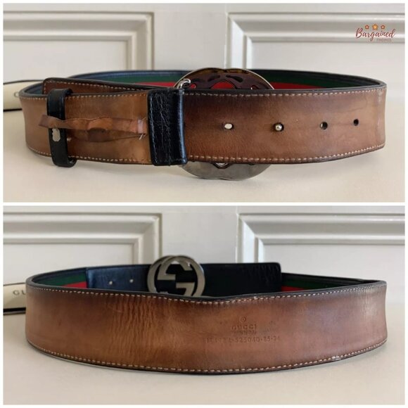 Authentic Gucci Web Canvas Black Leather Silver Interlocking G Buckle Belt 85/34 - Picture 6 of 12